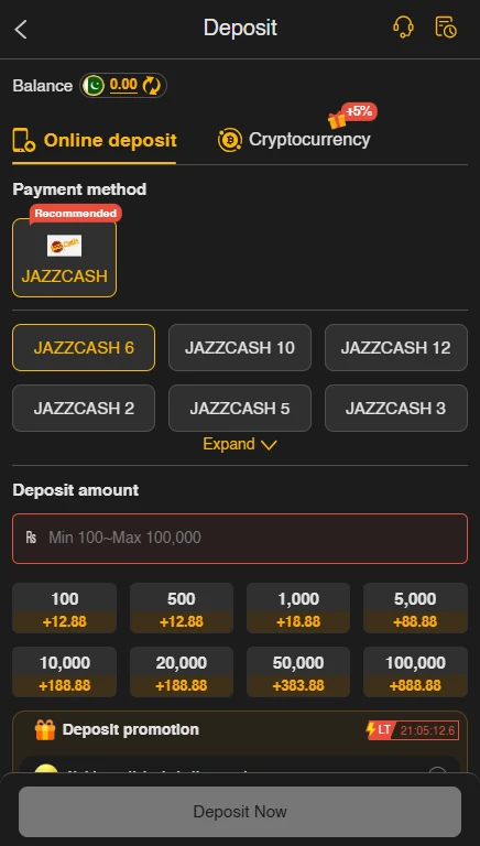 Secure deposit interface on 188.pkr showing JazzCash and EasyPaisa mobile wallet