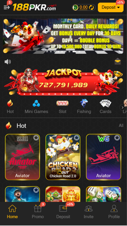 188.pkr home dashboard showcasing popular games like Aviator and deposit options.