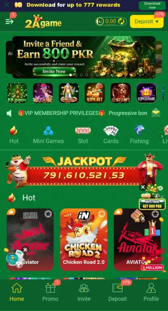 2A Game home screen dashboard showing mini-games and earning options in Pakistan