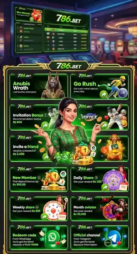 786BET Game All Bonuses and Games Collage Featuring Pakistani Female Model