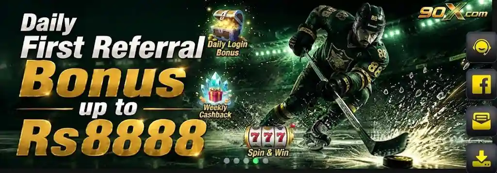 90X Game Promotional Banner - Daily First Referral Bonus up to Rs 8888, Login Rewards, and Cashback