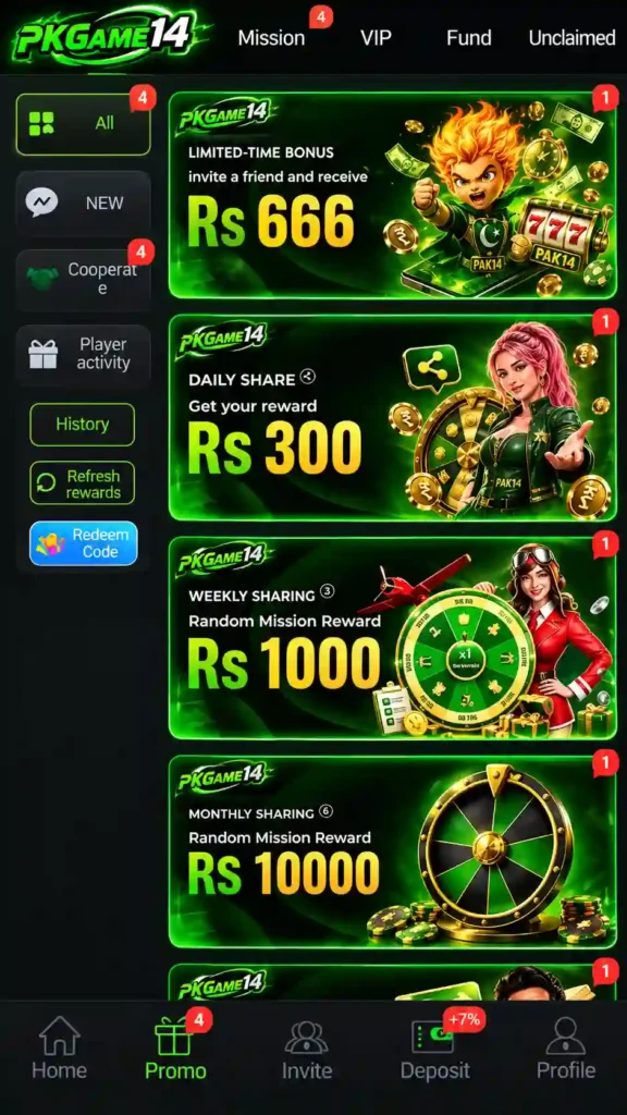 PK14 game interface displaying daily earnings, referral bonuses, and wallet profit history.
