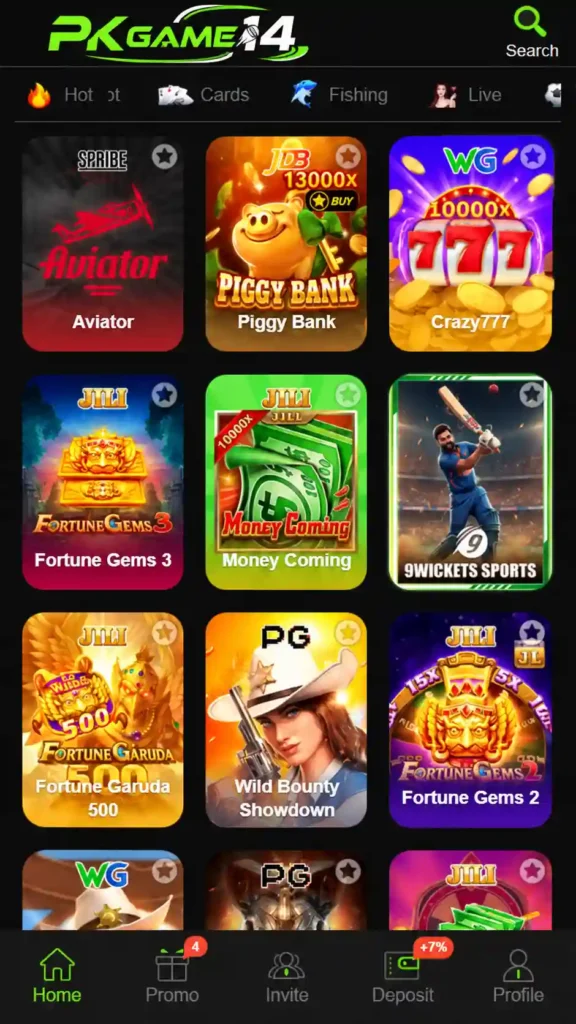 PK14 game homepage displaying popular games, wallet balance, and quick navigation menus.