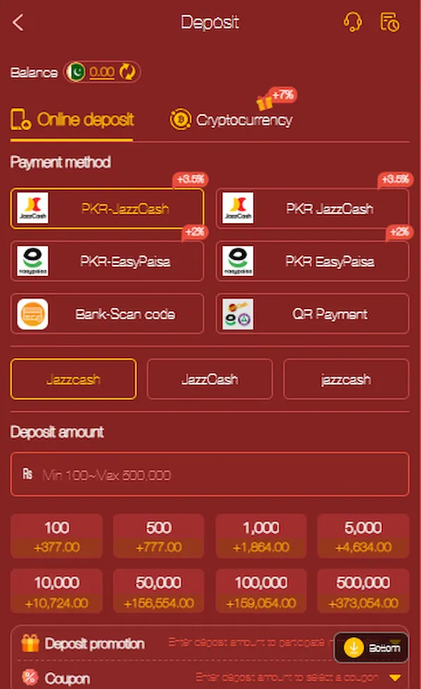 777TEZ Game Deposit Options Showing Easypaisa, JazzCash and Crypto