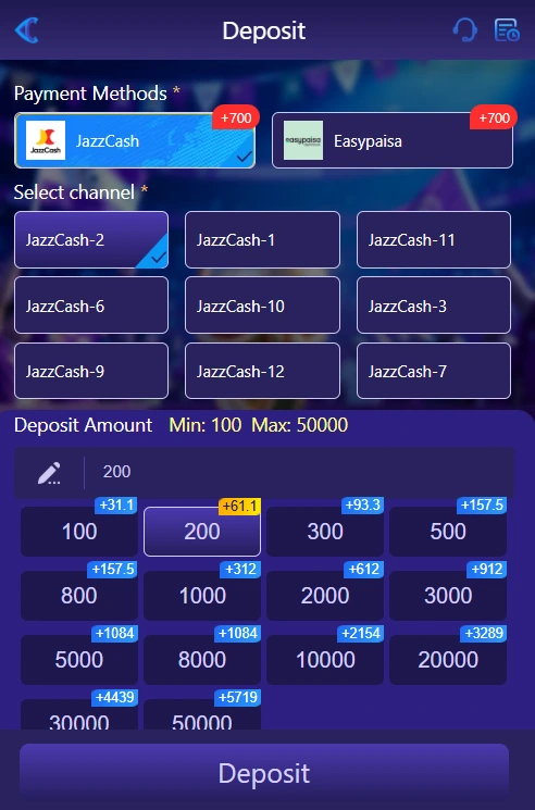 81 CC Game mobile app deposit screen showing instant wallet top-up options via local payment gateways