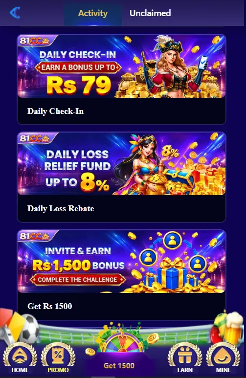 81 CC Game mobile app promo section showcasing referral bonuses, daily check-ins, and loss relief funds.