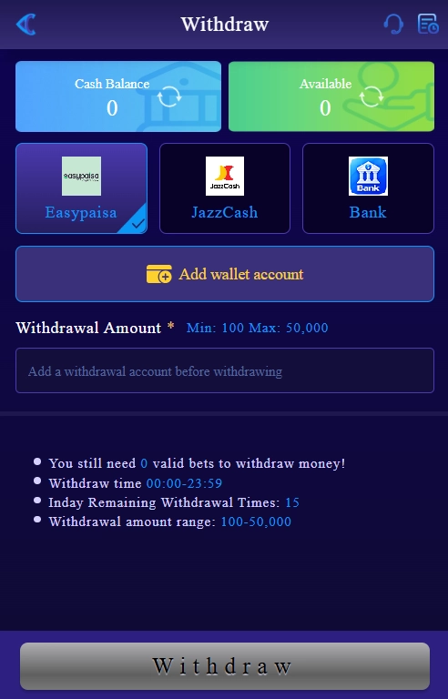 81 CC Game mobile app withdrawal screen showing EasyPaisa and JazzCash transaction options