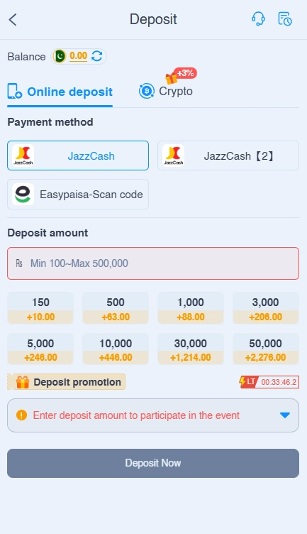 888 PKR transaction screen showing fast deposit and 3 to 15-minute withdrawal methods through JazzCash, Easypaisa, and crypto