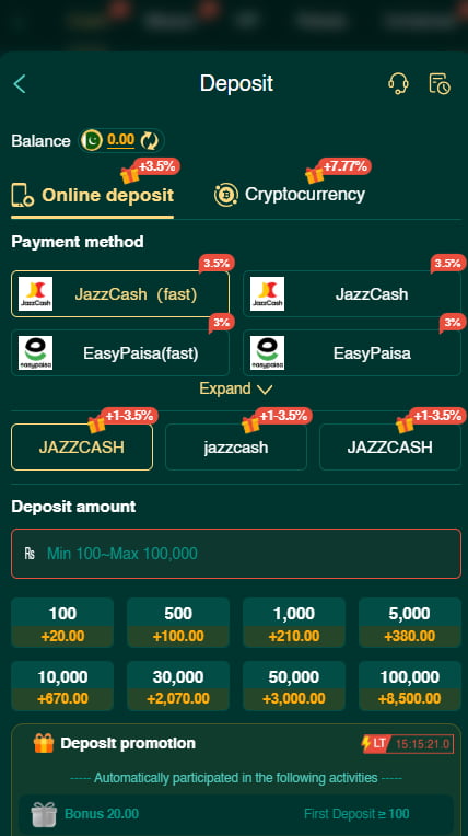 Deposit payment interface screen for the EQ 668 online game.