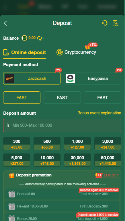 hz 333 Game deposit and withdrawal menu showing payment gateways like JazzCash, EasyPaisa, and cryptocurrency.