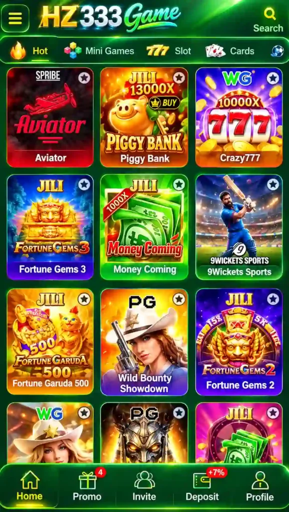 HZ 333 Game online mobile gaming dashboard showing daily rewards, deposit options, and popular game titles like Aviator and Crazy777.