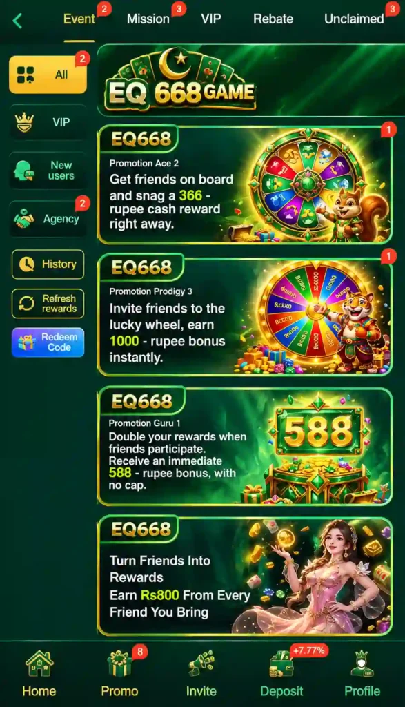 Promotional banner featuring bonuses and rewards for the EQ 668 online game.