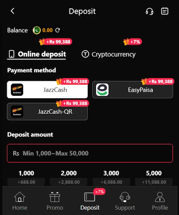 TD 1947 Game deposit section showing local payment methods like JazzCash and Easypaisa for Android users
